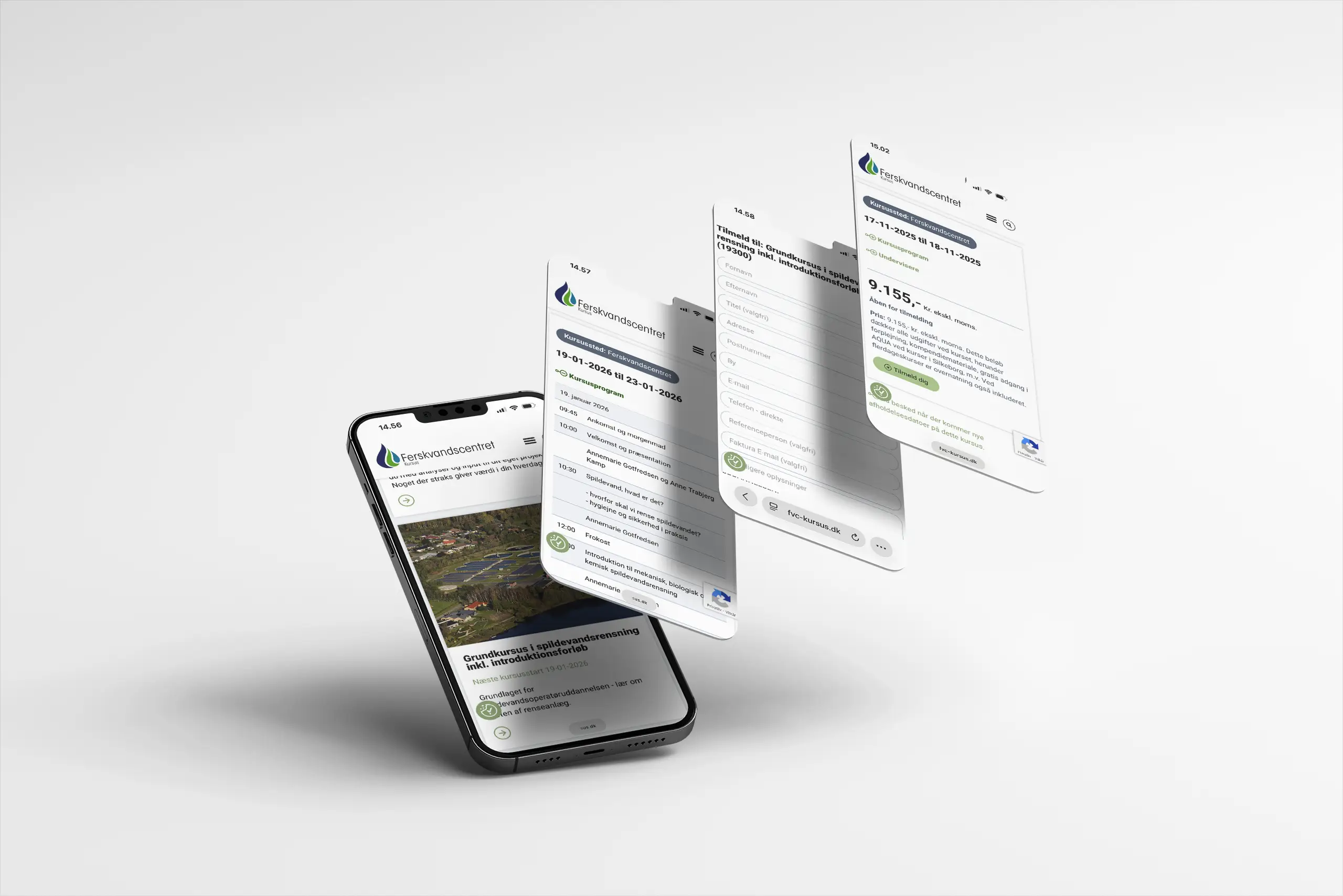 Ferskvandscentret Kursus hjemmeside vist på mobil